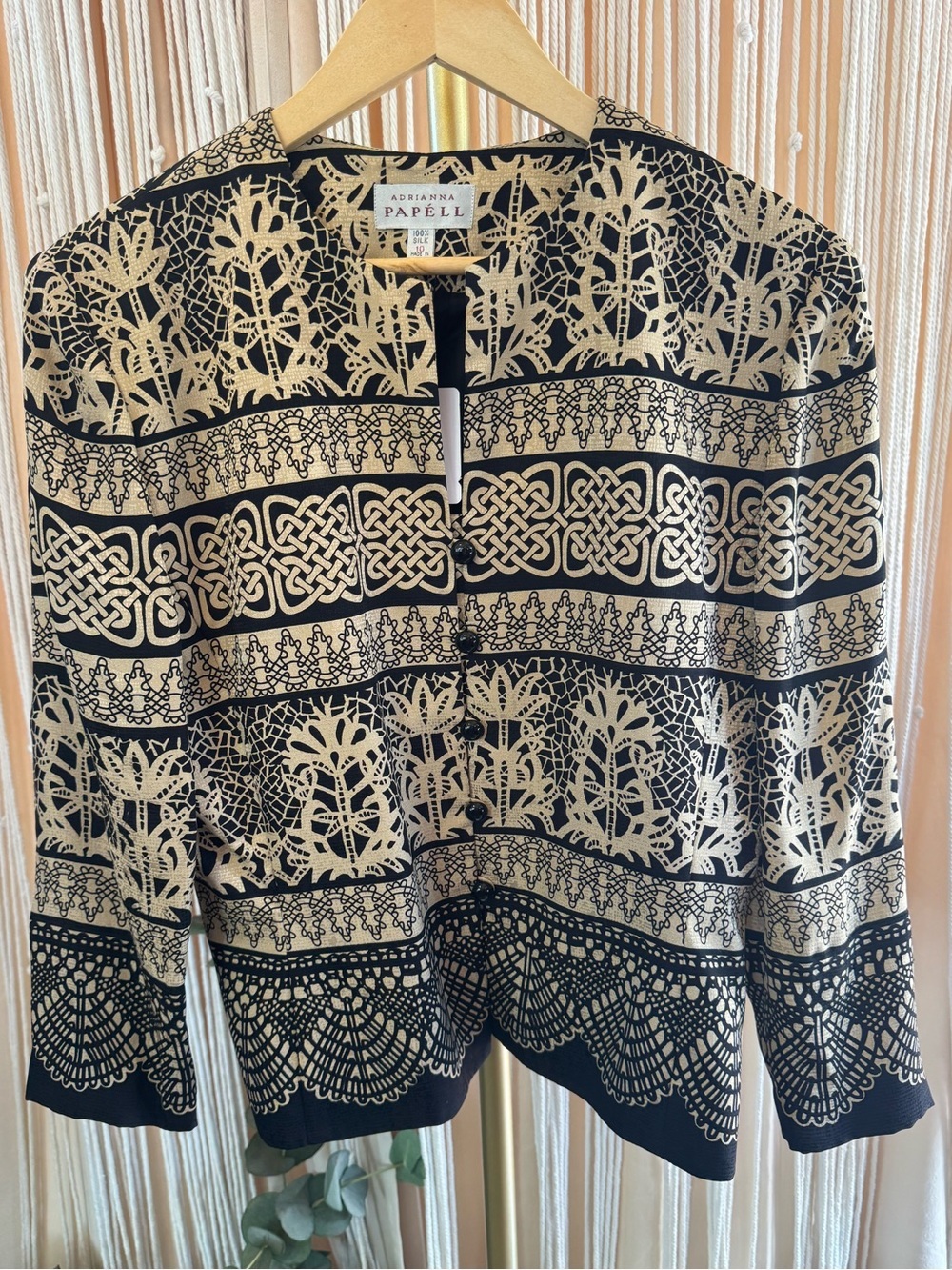 Vintage 90s Adrianna Papell 100% Silk Blazer Jacket Celtic print black beige 12